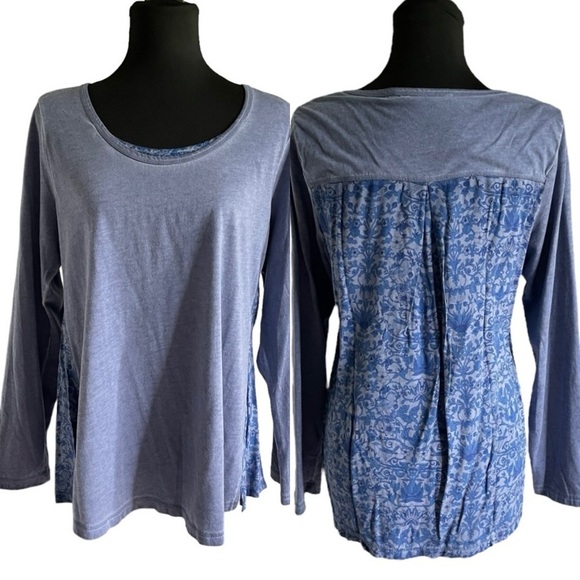 Soft Surroundings Blue Floral Contrast Tunic Top L Boho Cottagecore Long Sleeve - Picture 1 of 11